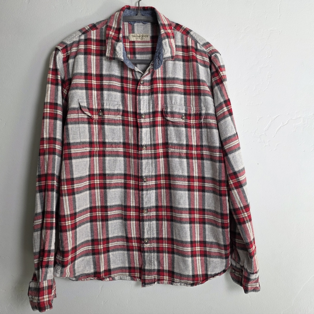 Tallwoods Red Gray Plaid Flannel Button-Up Shirt Men’s M